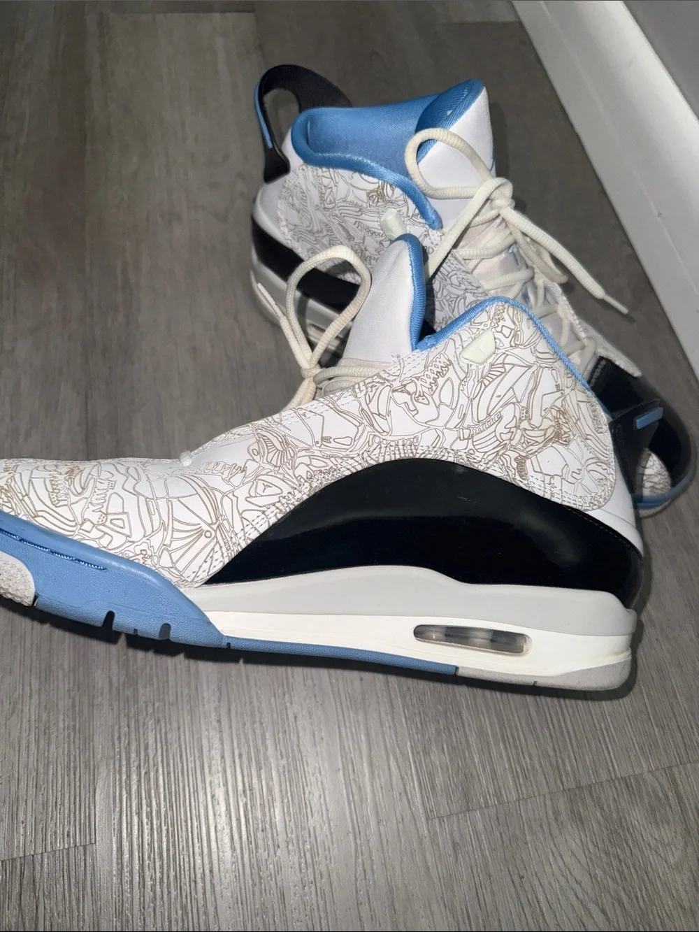 Air Jordan Dub Zero High-Top Sneakers in White, Light Blue & Black